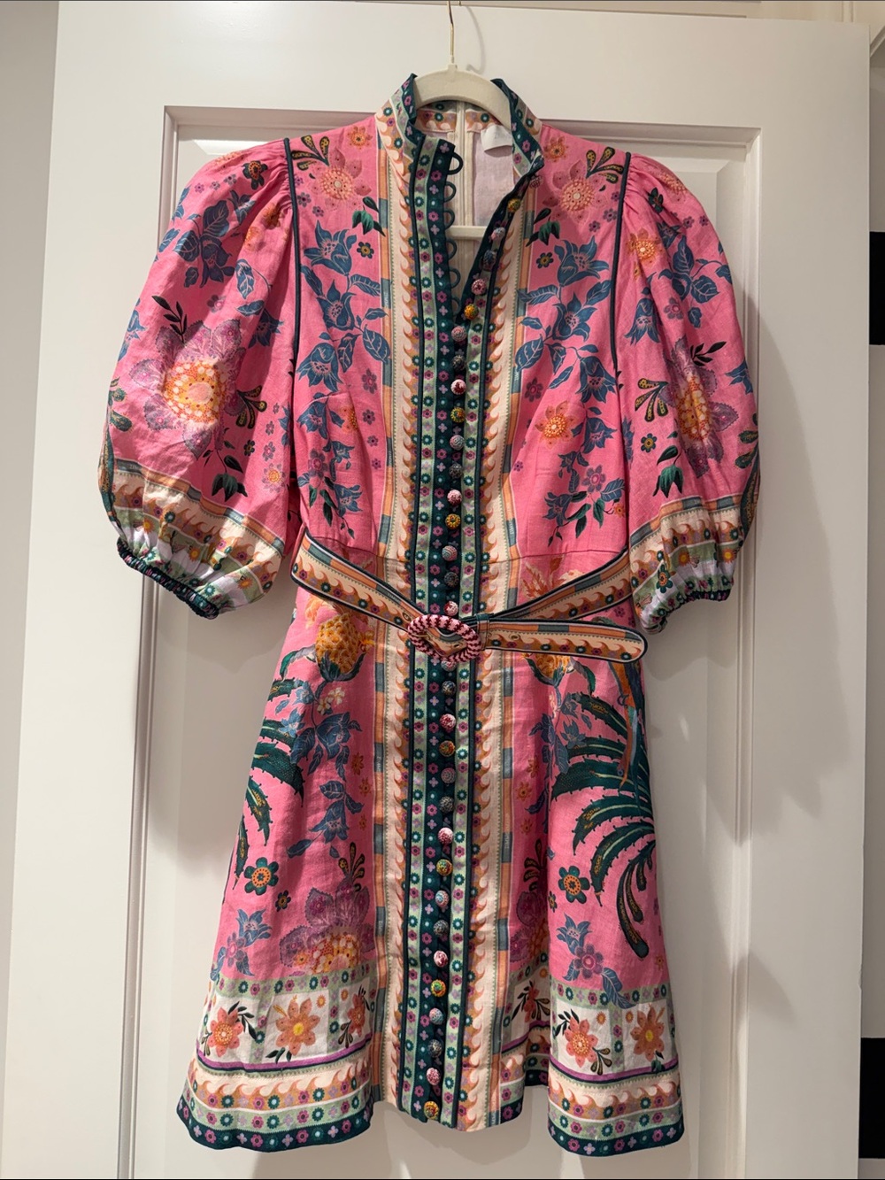Zimmermann Pink Floral Puff-Sleeve Mini Dress